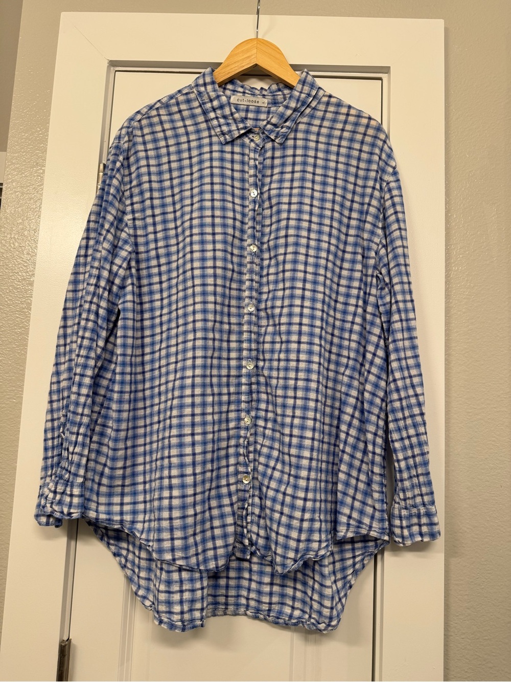 cut loose Blue and White Plaid Button-Down Shirt